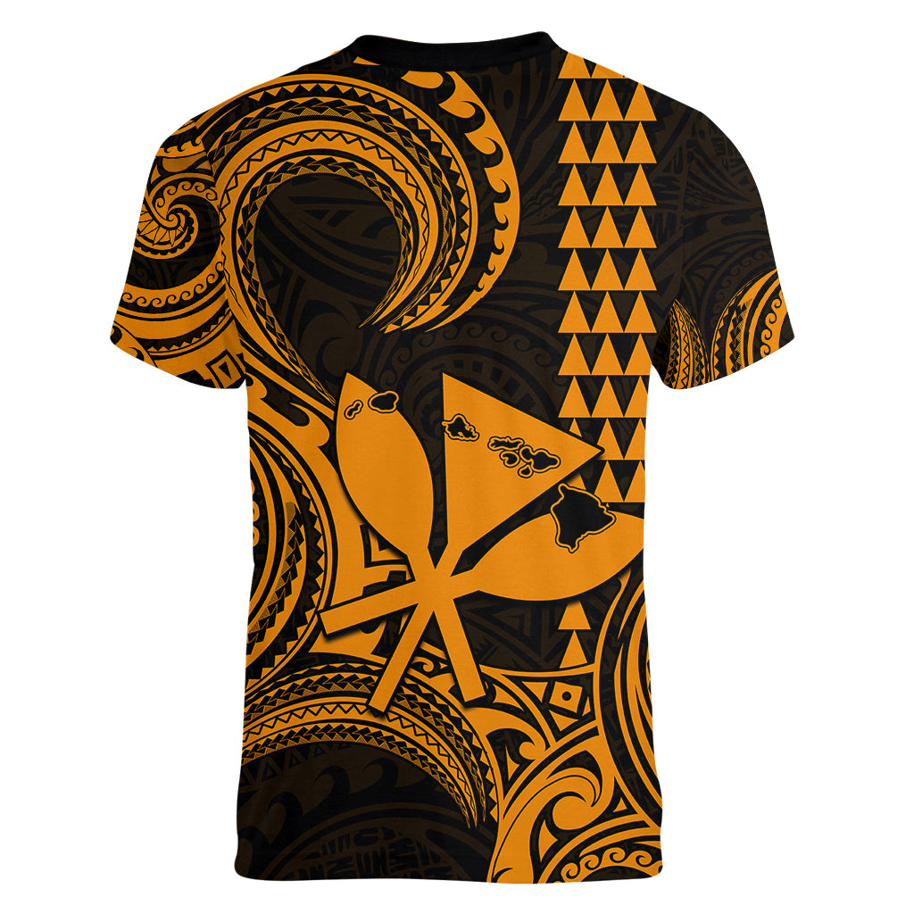 King Kamehameha Day Hawaii Women V Neck T Shirt Paradise of the Pacific Tribal Kakau with Kanaka Maoli - Gold LT9 - Polynesian Pride