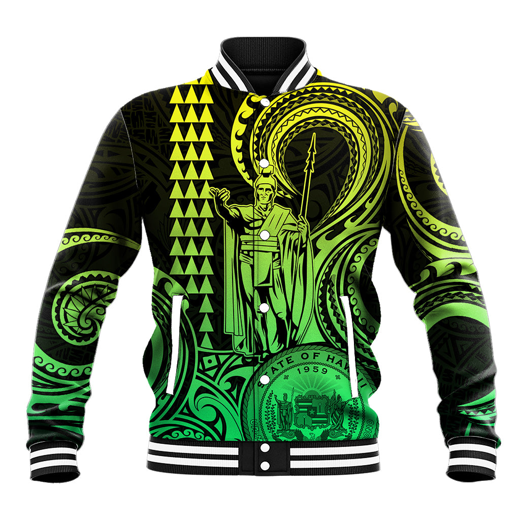 King Kamehameha Day Hawaii Baseball Jacket Paradise of the Pacific Tribal Kakau with Kanaka Maoli - Lime LT9 Unisex Lime - Polynesian Pride