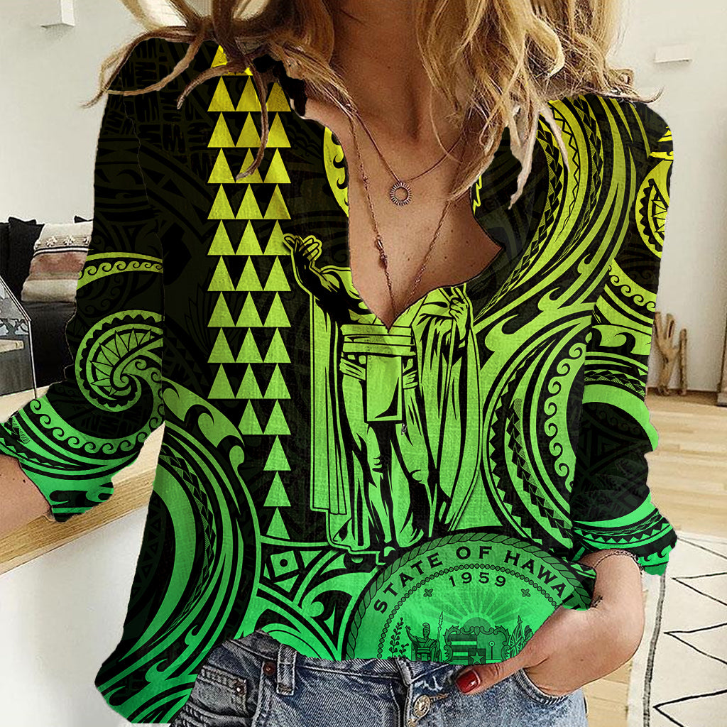 King Kamehameha Day Hawaii Women Casual Shirt Paradise of the Pacific Tribal Kakau with Kanaka Maoli - Lime LT9 Female Lime - Polynesian Pride