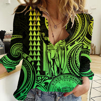 King Kamehameha Day Hawaii Women Casual Shirt Paradise of the Pacific Tribal Kakau with Kanaka Maoli - Lime LT9 Female Lime - Polynesian Pride