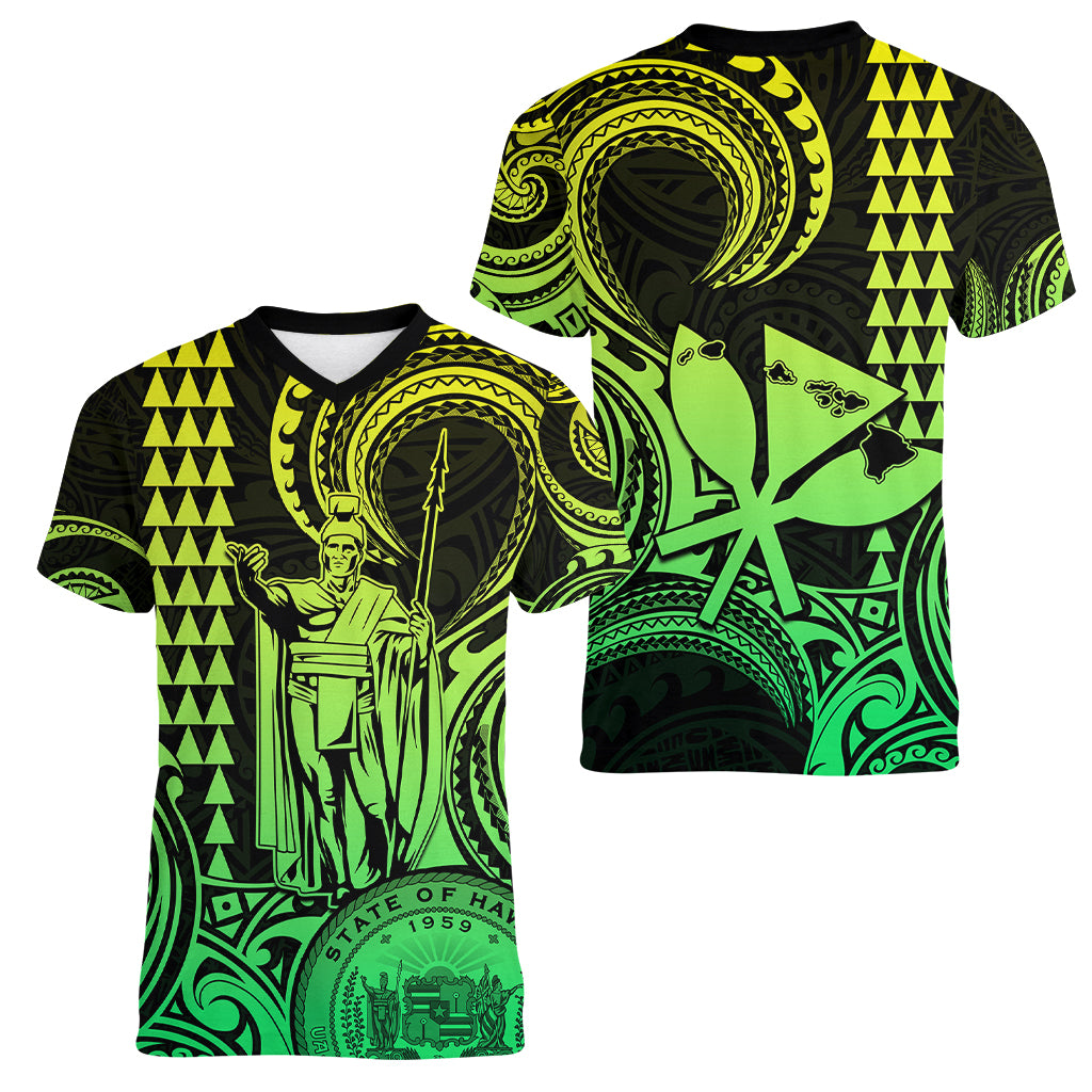King Kamehameha Day Hawaii Women V Neck T Shirt Paradise of the Pacific Tribal Kakau with Kanaka Maoli - Lime LT9 - Polynesian Pride