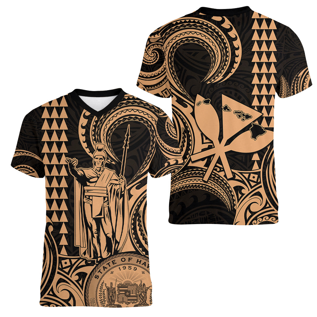 King Kamehameha Day Hawaii Women V Neck T Shirt Paradise of the Pacific Tribal Kakau with Kanaka Maoli - Nude LT9 - Polynesian Pride