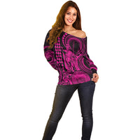 King Kamehameha Day Hawaii Off Shoulder Sweater Paradise of the Pacific Tribal Kakau with Kanaka Maoli - Pink LT9 - Polynesian Pride
