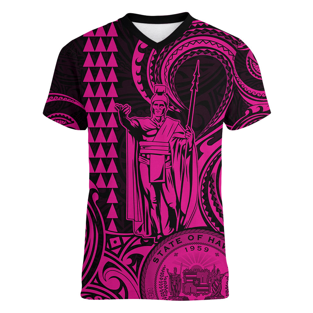 King Kamehameha Day Hawaii Women V Neck T Shirt Paradise of the Pacific Tribal Kakau with Kanaka Maoli - Pink LT9 Female Pink - Polynesian Pride