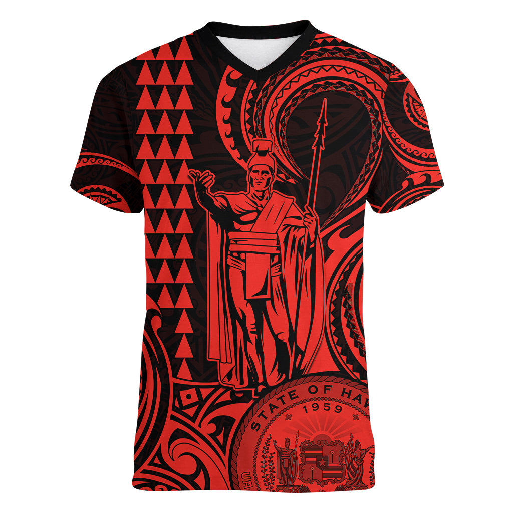 King Kamehameha Day Hawaii Women V Neck T Shirt Paradise of the Pacific Tribal Kakau with Kanaka Maoli - Red LT9 Female Red - Polynesian Pride