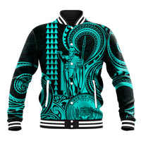 King Kamehameha Day Hawaii Baseball Jacket Paradise of the Pacific Tribal Kakau with Kanaka Maoli - Turquoise LT9 Unisex Turquoise - Polynesian Pride