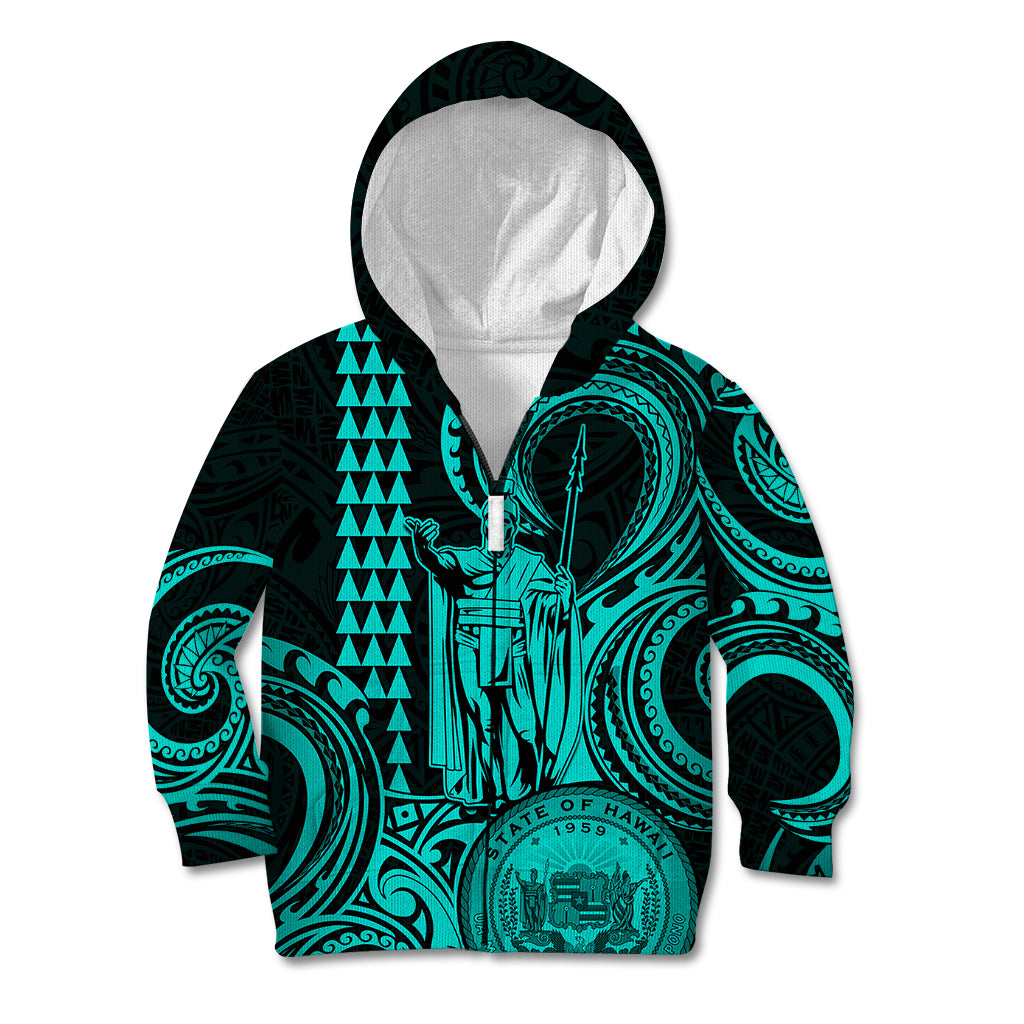 King Kamehameha Day Hawaii Kid Hoodie Paradise of the Pacific Tribal Kakau with Kanaka Maoli - Turquoise LT9 - Polynesian Pride