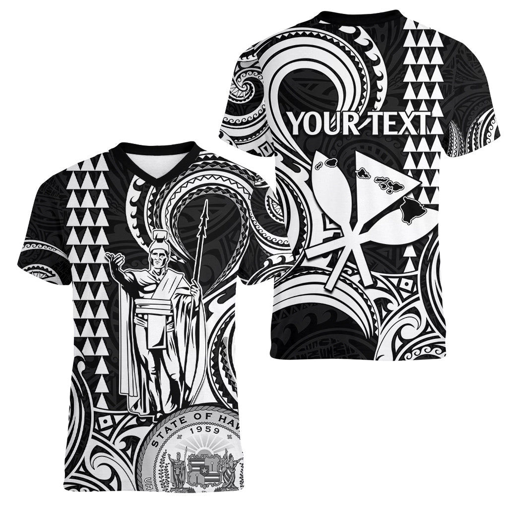 Custom King Kamehameha Day Hawaii Women V Neck T Shirt Paradise of the Pacific Tribal Kakau with Kanaka Maoli - White LT9 - Polynesian Pride