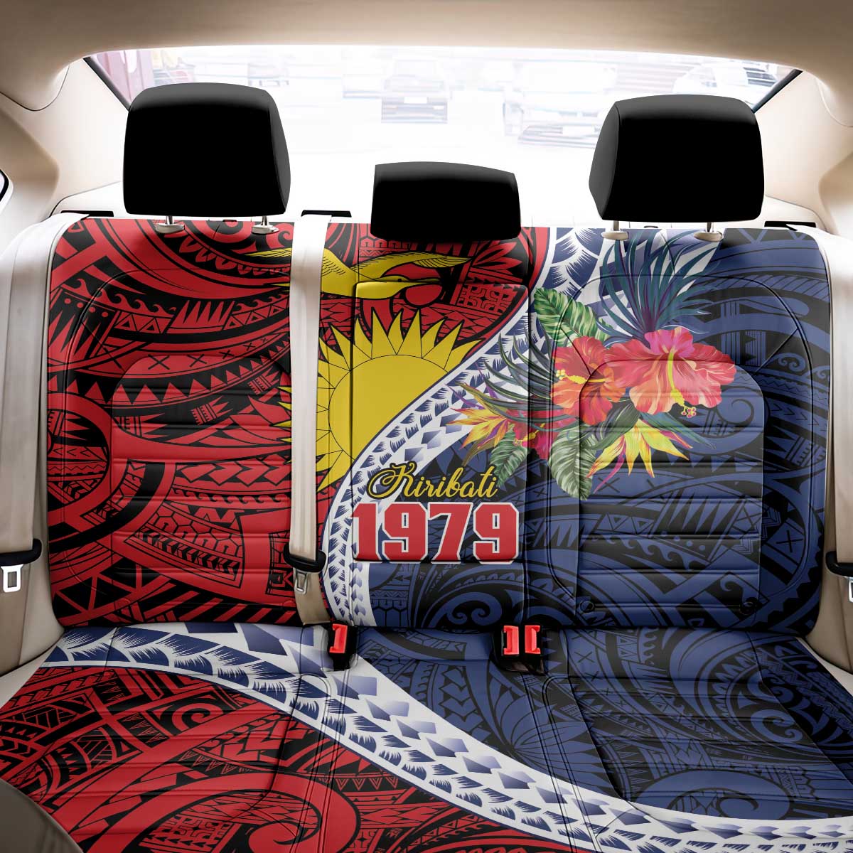 Flag of Kiribati Polynesian Pattern Back Car Seat Cover Est 1979 With Tropical Flowers