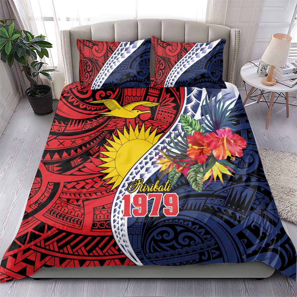 Flag of Kiribati Polynesian Pattern Bedding Set Est 1979 With Tropical Flowers