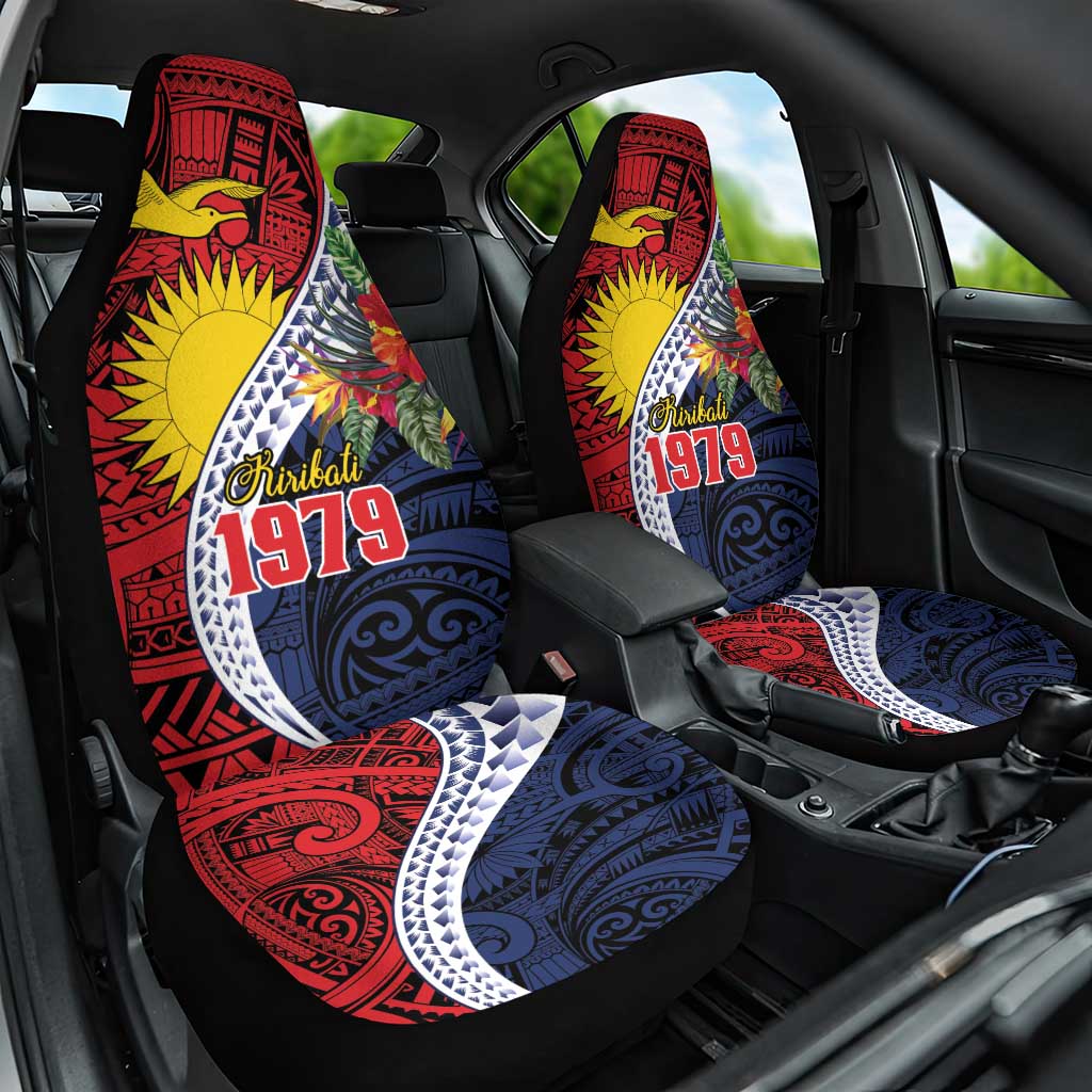 Flag of Kiribati Polynesian Pattern Car Seat Cover Est 1979 With Tropical Flowers
