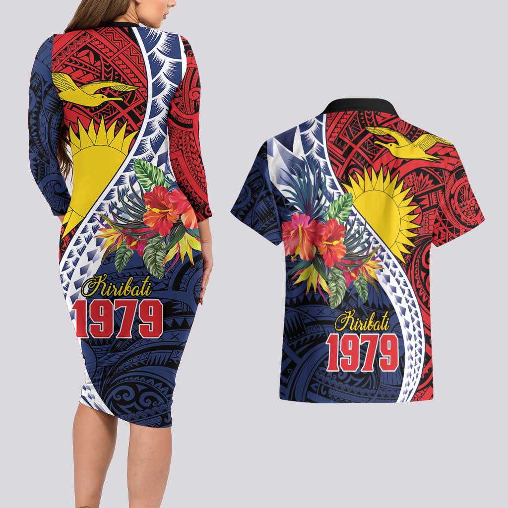 Flag of Kiribati Polynesian Pattern Couples Matching Long Sleeve Bodycon Dress and Hawaiian Shirt Est 1979 With Tropical Flowers