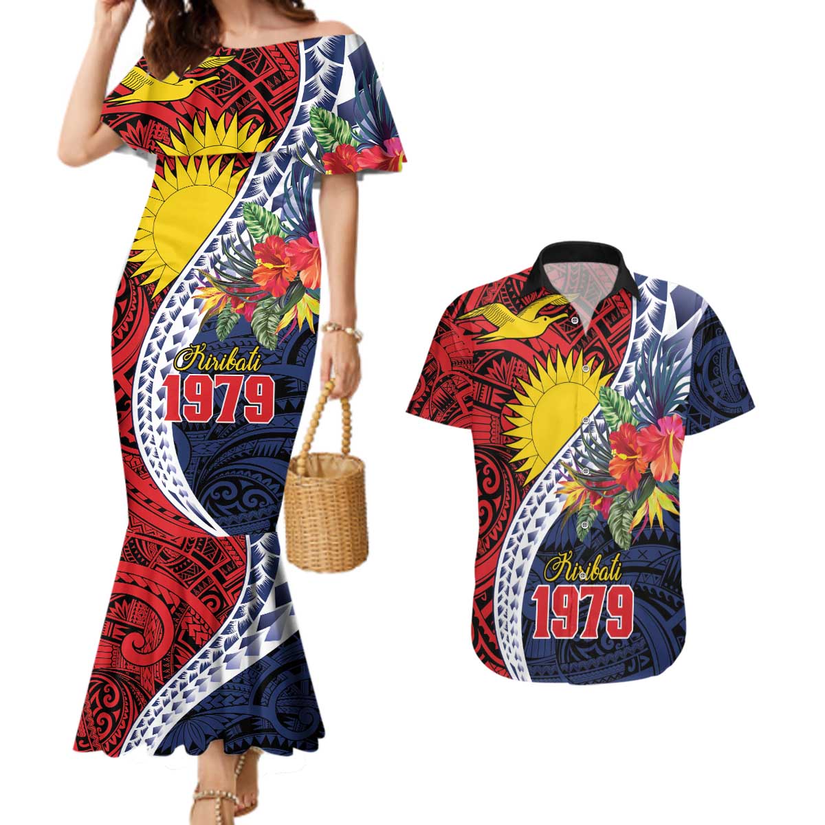 Flag of Kiribati Polynesian Pattern Couples Matching Mermaid Dress and Hawaiian Shirt Est 1979 With Tropical Flowers