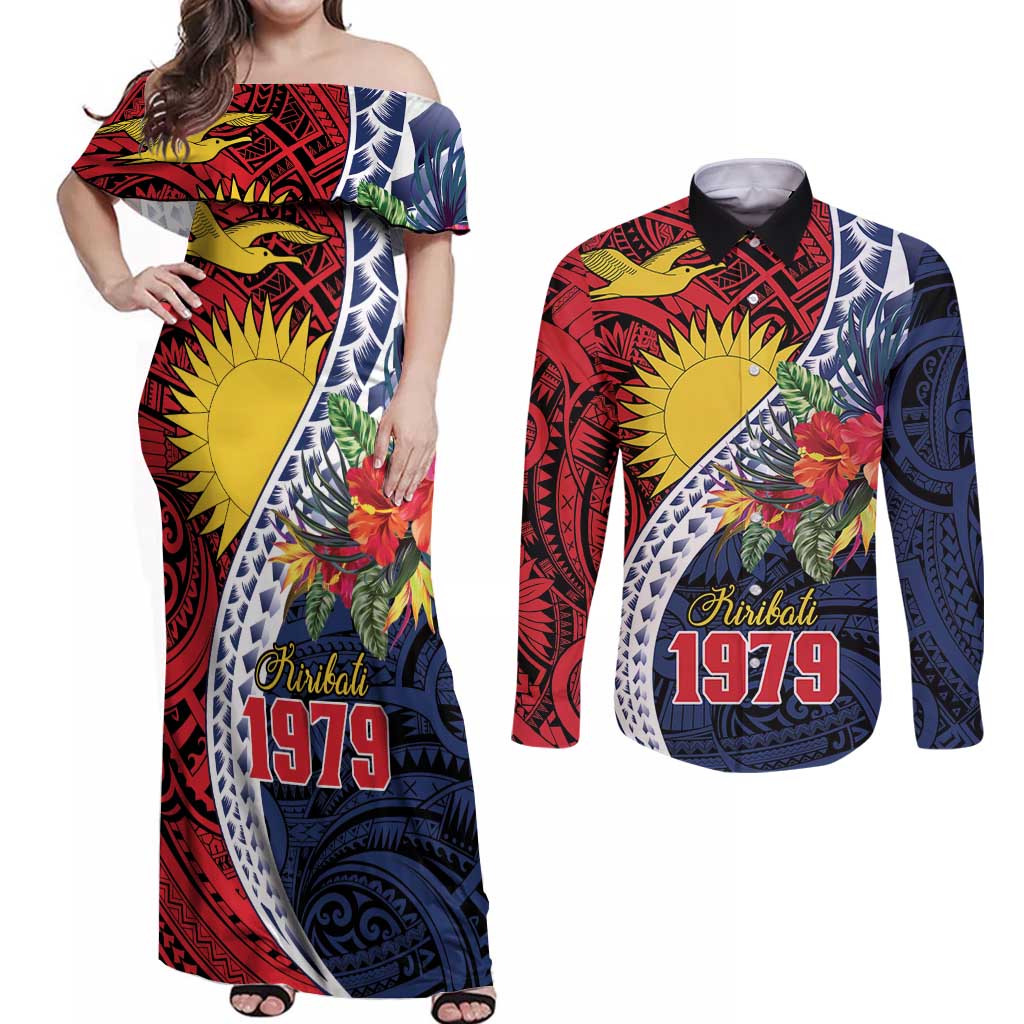 Flag of Kiribati Polynesian Pattern Couples Matching Off Shoulder Maxi Dress and Long Sleeve Button Shirt Est 1979 With Tropical Flowers