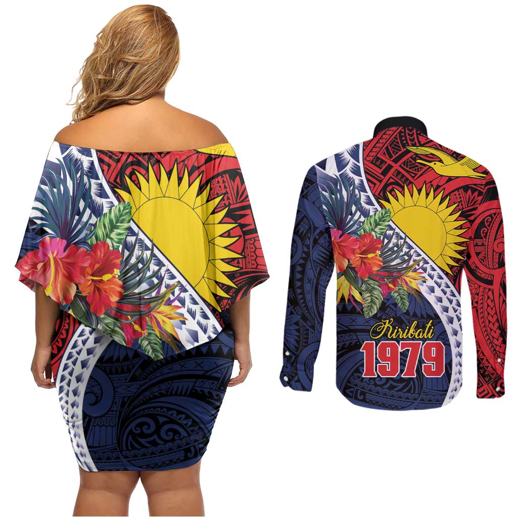 Flag of Kiribati Polynesian Pattern Couples Matching Off Shoulder Short Dress and Long Sleeve Button Shirt Est 1979 With Tropical Flowers