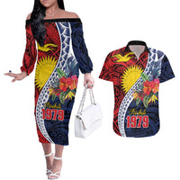Flag of Kiribati Polynesian Pattern Couples Matching Off The Shoulder Long Sleeve Dress and Hawaiian Shirt Est 1979 With Tropical Flowers