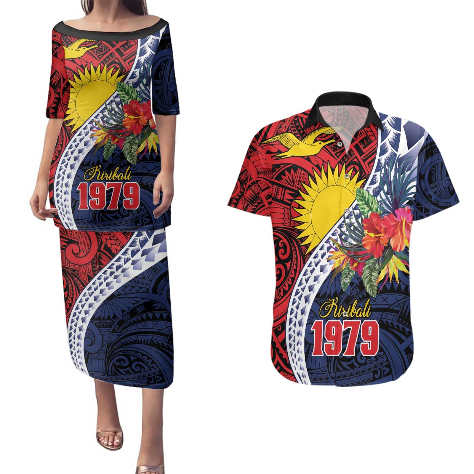 Flag of Kiribati Polynesian Pattern Couples Matching Puletasi and Hawaiian Shirt Est 1979 With Tropical Flowers