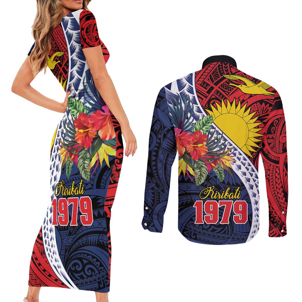 Flag of Kiribati Polynesian Pattern Couples Matching Short Sleeve Bodycon Dress and Long Sleeve Button Shirt Est 1979 With Tropical Flowers