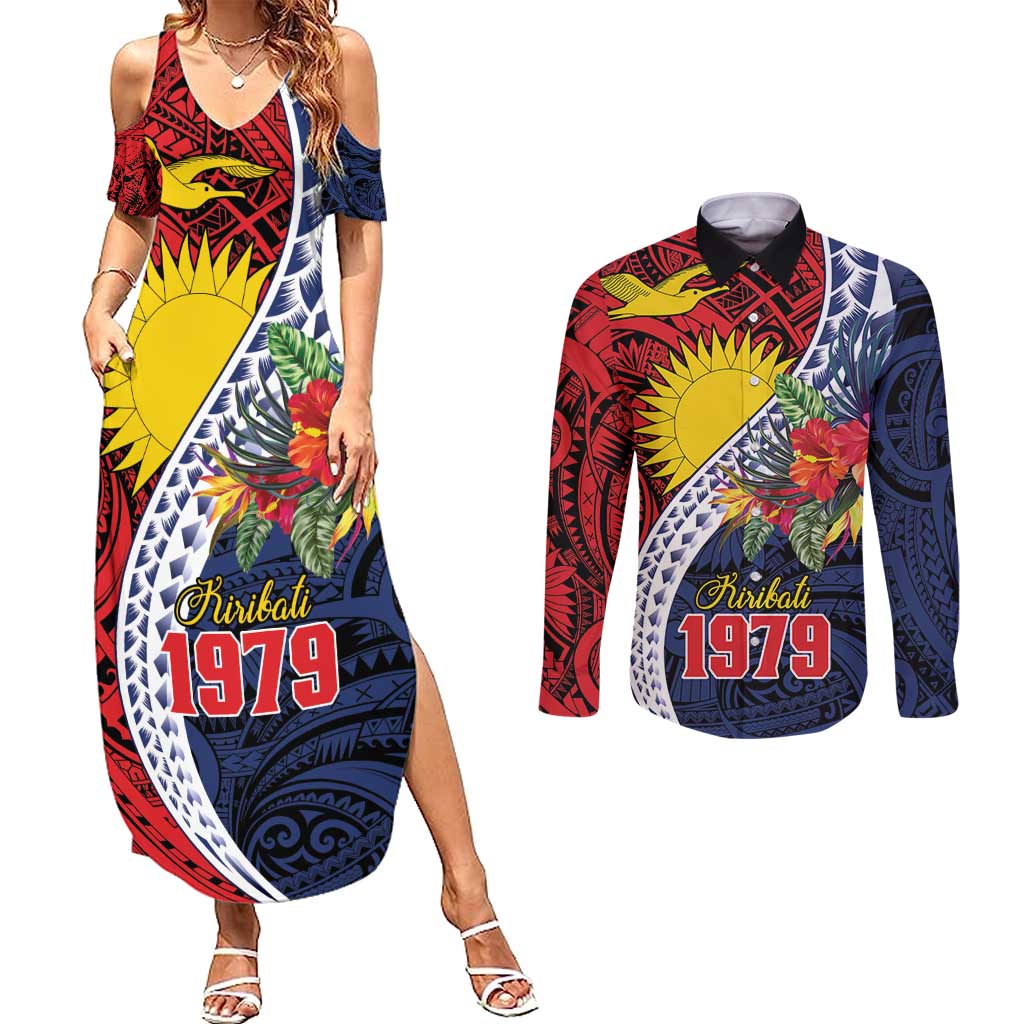 Flag of Kiribati Polynesian Pattern Couples Matching Summer Maxi Dress and Long Sleeve Button Shirt Est 1979 With Tropical Flowers