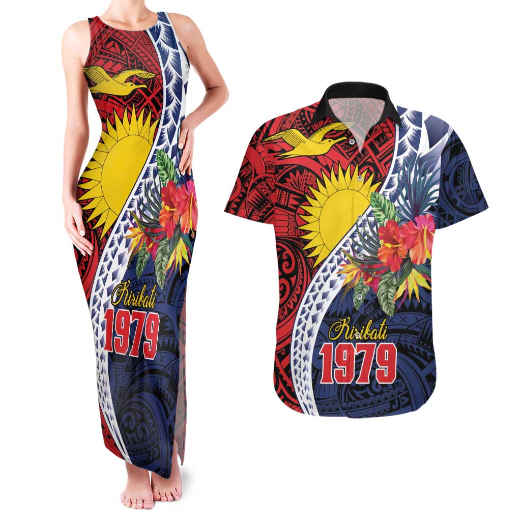 Flag of Kiribati Polynesian Pattern Couples Matching Tank Maxi Dress and Hawaiian Shirt Est 1979 With Tropical Flowers