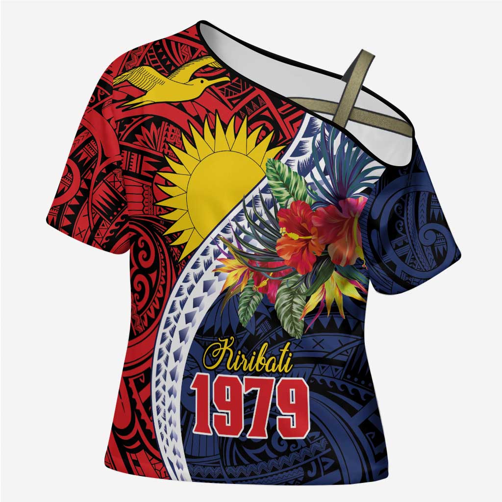 Flag of Kiribati Polynesian Pattern Cross Shoulder Shirt Est 1979 With Tropical Flowers - Polynesian Pride
