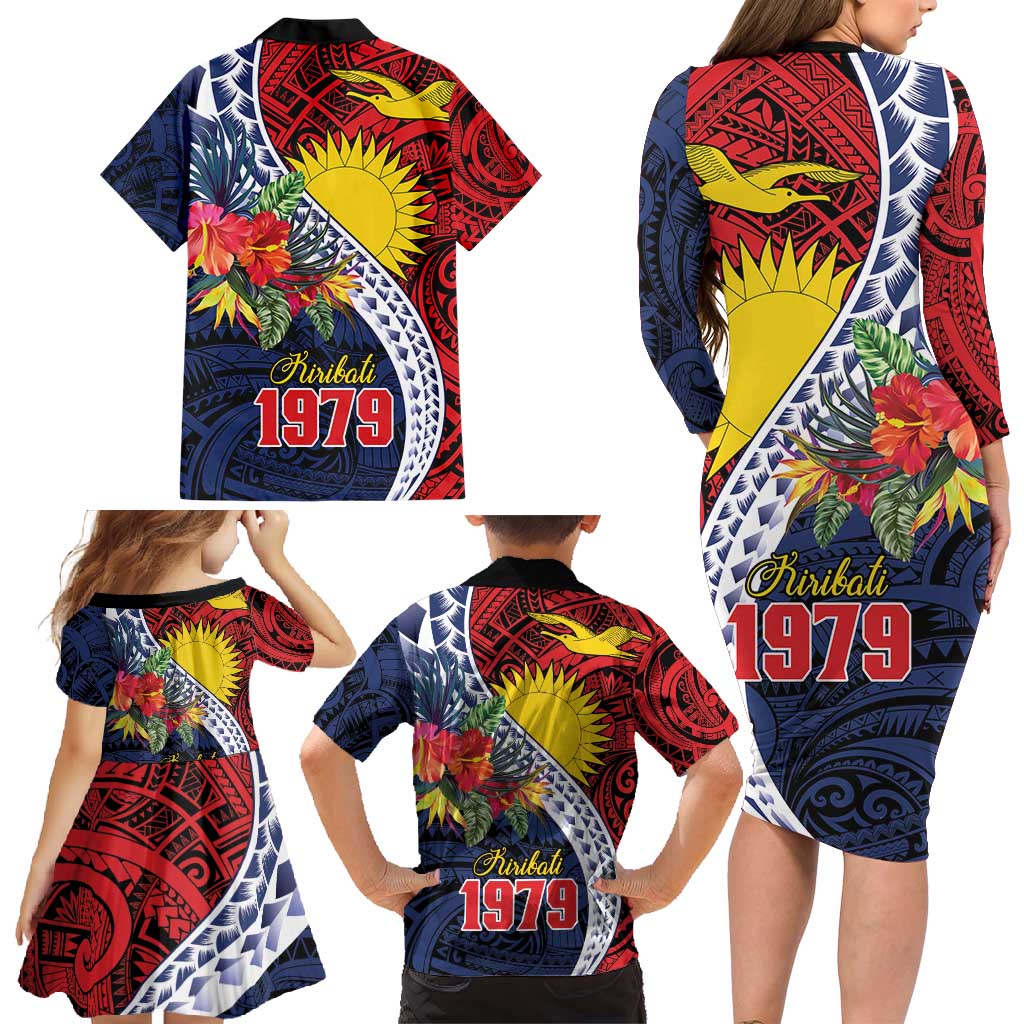 Flag of Kiribati Polynesian Pattern Family Matching Long Sleeve Bodycon Dress and Hawaiian Shirt Est 1979 With Tropical Flowers