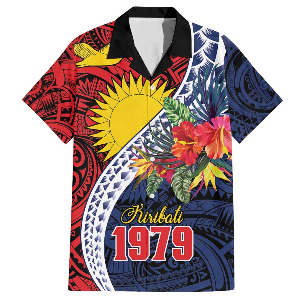 Flag of Kiribati Polynesian Pattern Family Matching Long Sleeve Bodycon Dress and Hawaiian Shirt Est 1979 With Tropical Flowers