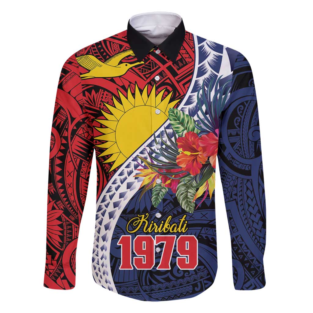 Flag of Kiribati Polynesian Pattern Family Matching Long Sleeve Bodycon Dress and Hawaiian Shirt Est 1979 With Tropical Flowers