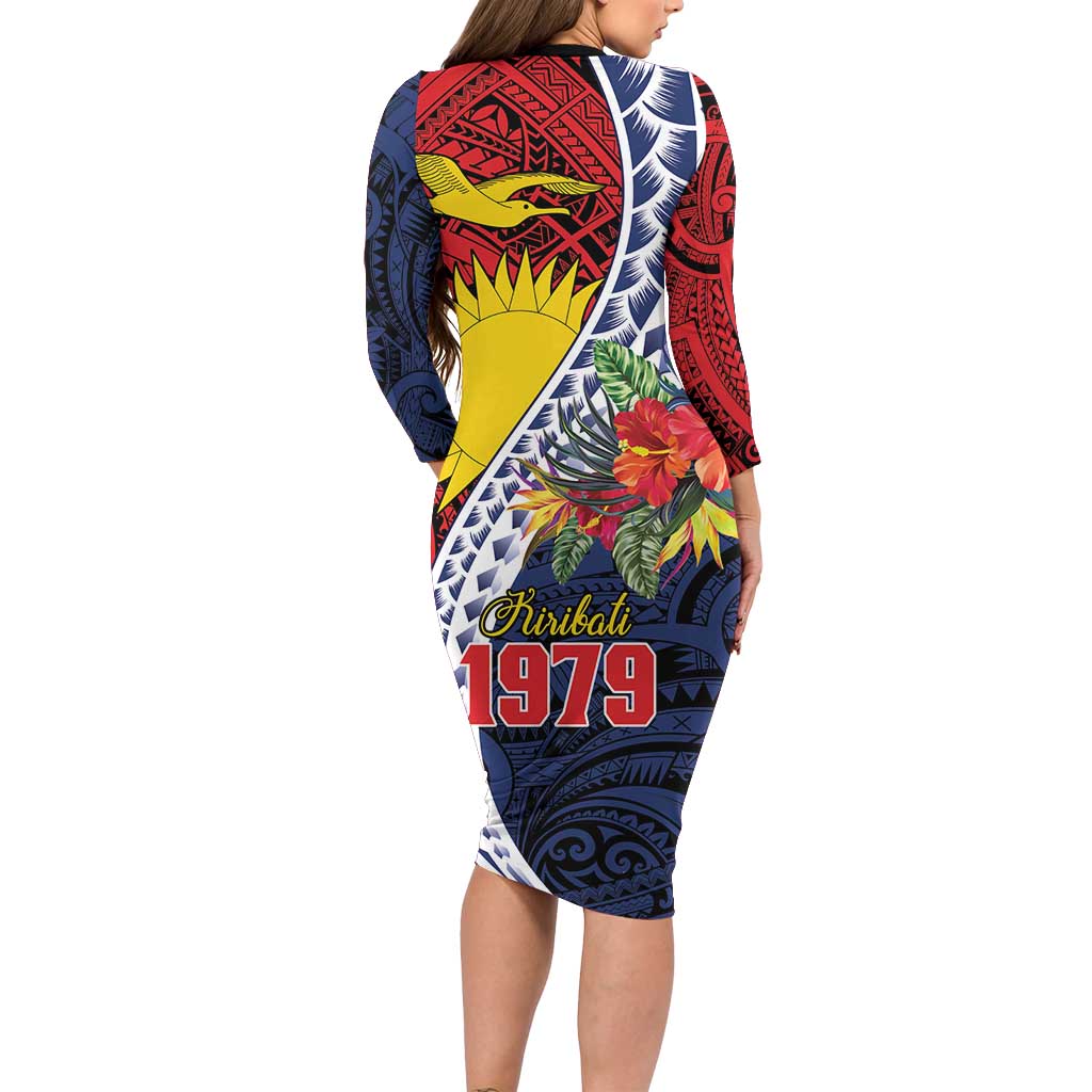 Flag of Kiribati Polynesian Pattern Family Matching Long Sleeve Bodycon Dress and Hawaiian Shirt Est 1979 With Tropical Flowers