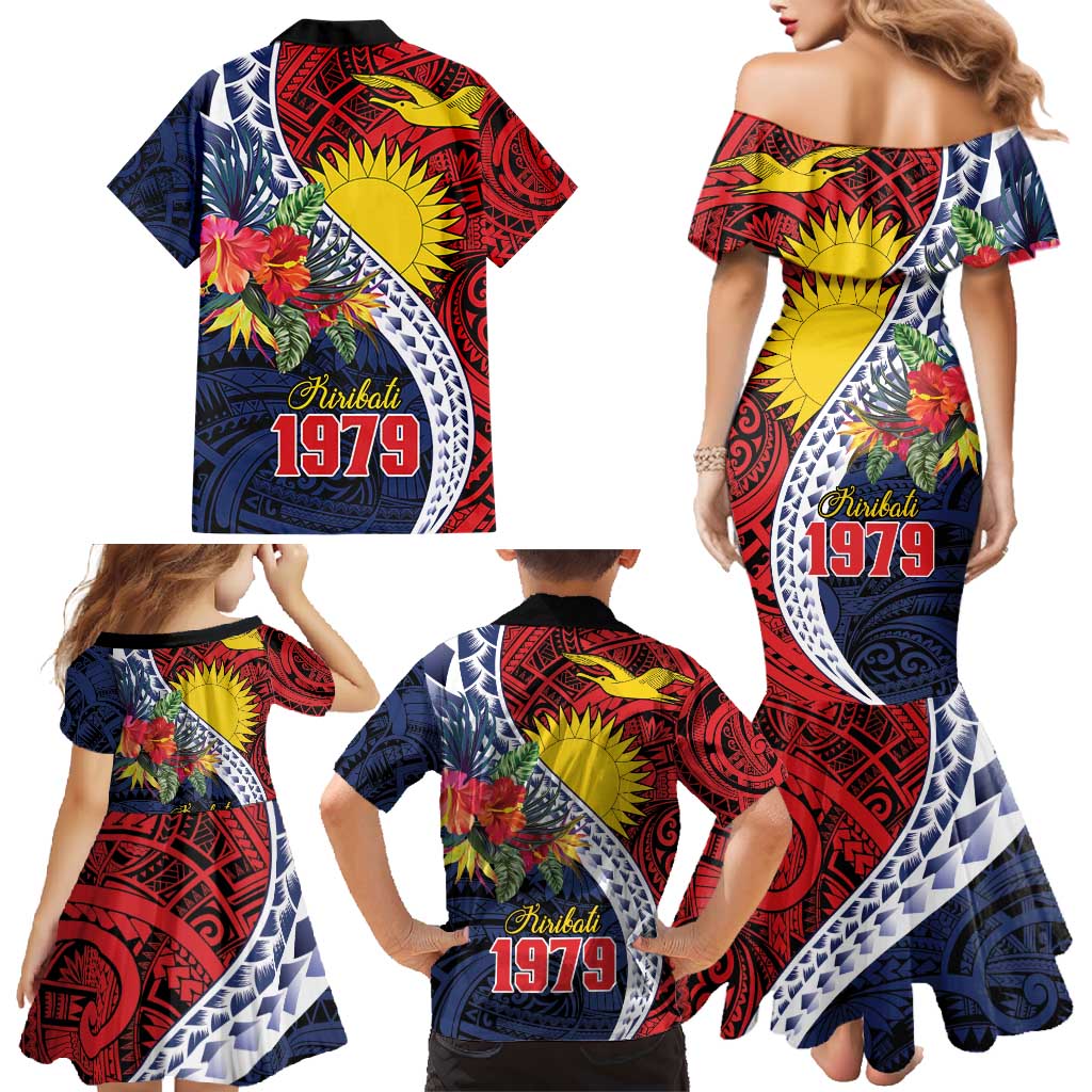 Flag of Kiribati Polynesian Pattern Family Matching Mermaid Dress and Hawaiian Shirt Est 1979 With Tropical Flowers