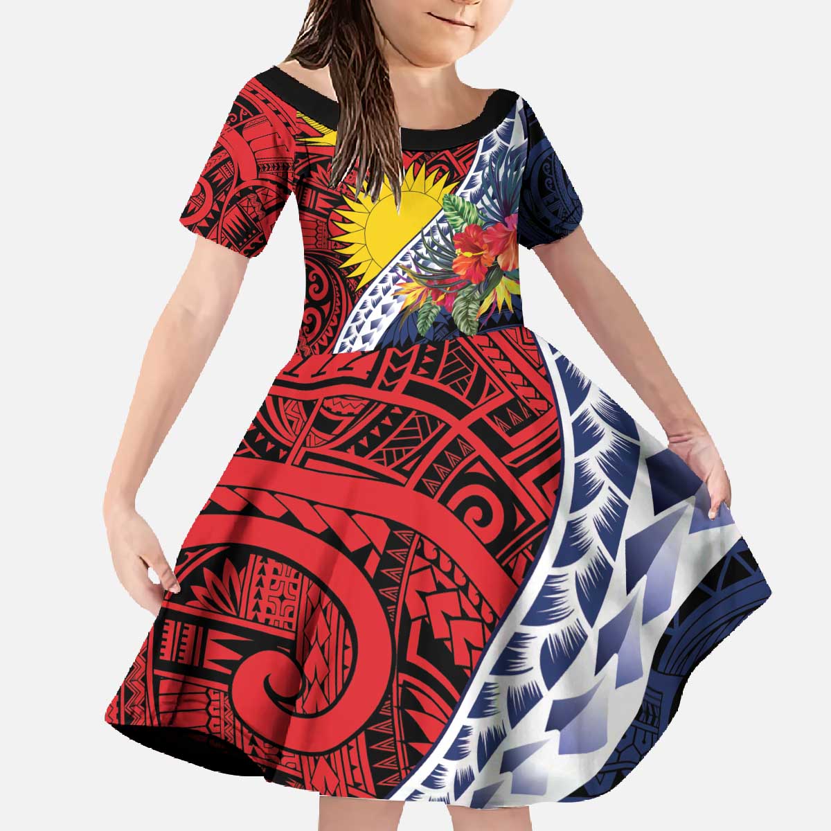 Flag of Kiribati Polynesian Pattern Family Matching Off The Shoulder Long Sleeve Dress and Hawaiian Shirt Est 1979 With Tropical Flowers