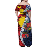 Flag of Kiribati Polynesian Pattern Family Matching Off Shoulder Maxi Dress and Hawaiian Shirt Est 1979 With Tropical Flowers