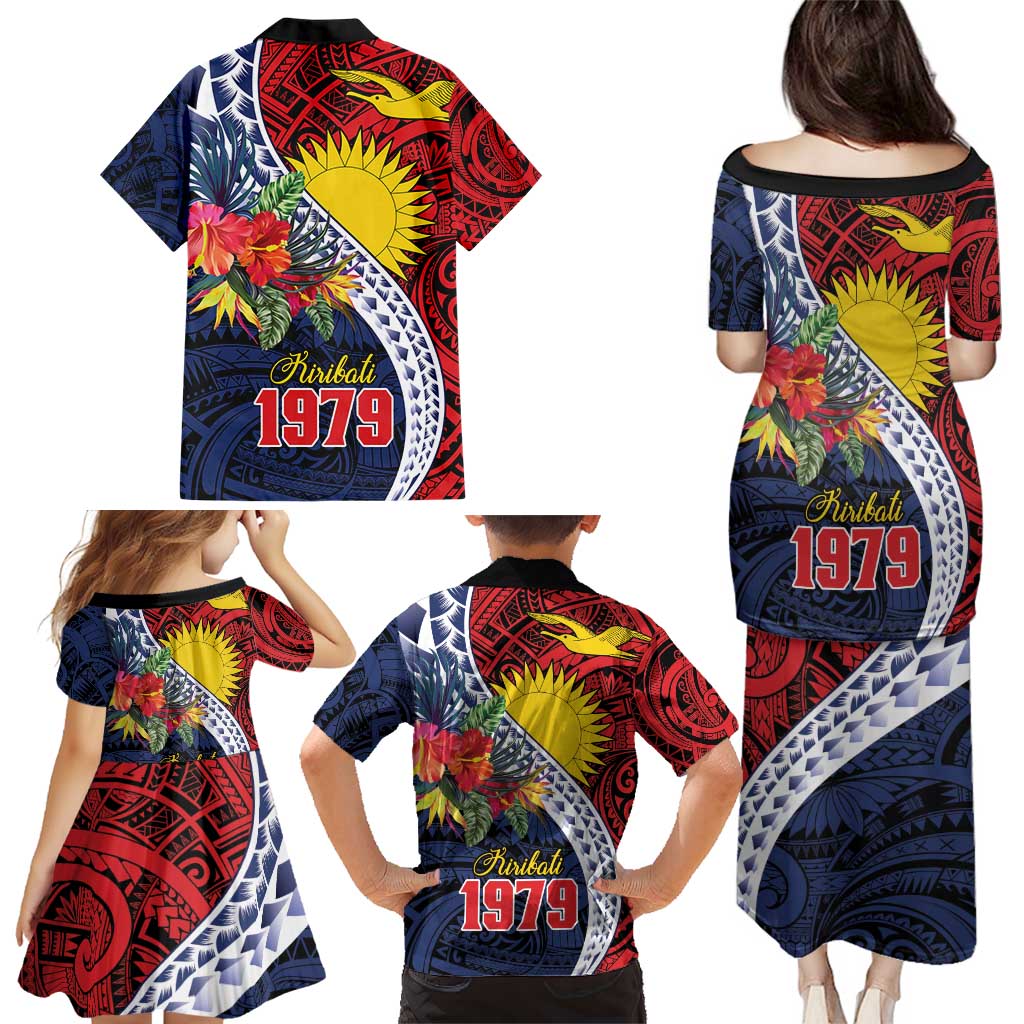 Flag of Kiribati Polynesian Pattern Family Matching Puletasi and Hawaiian Shirt Est 1979 With Tropical Flowers