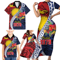 Flag of Kiribati Polynesian Pattern Family Matching Short Sleeve Bodycon Dress and Hawaiian Shirt Est 1979 With Tropical Flowers