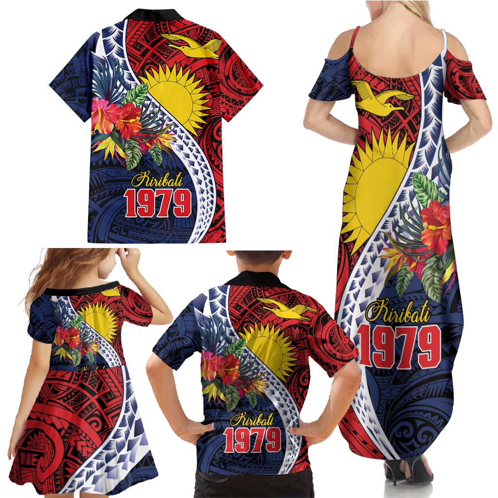 Flag of Kiribati Polynesian Pattern Family Matching Summer Maxi Dress and Hawaiian Shirt Est 1979 With Tropical Flowers