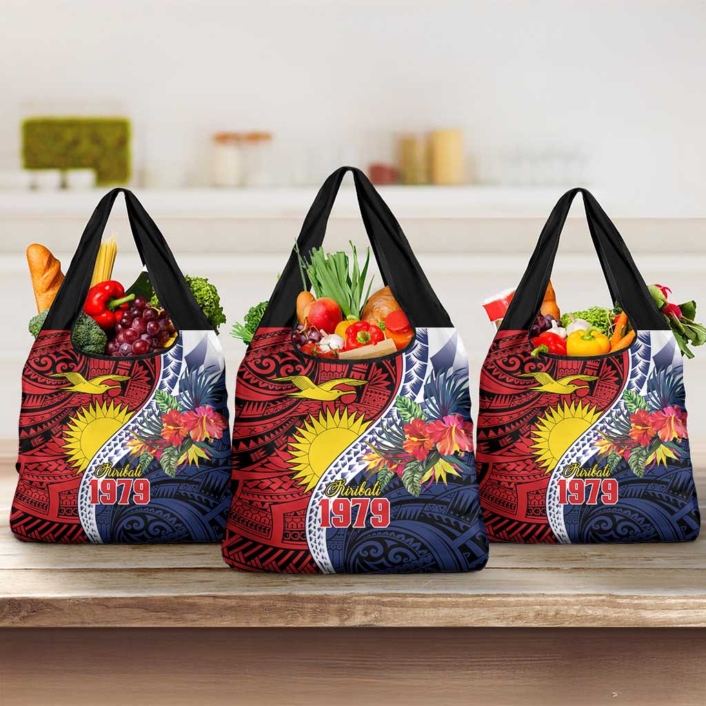 Flag of Kiribati Polynesian Pattern Grocery Bag Est 1979 With Tropical Flowers