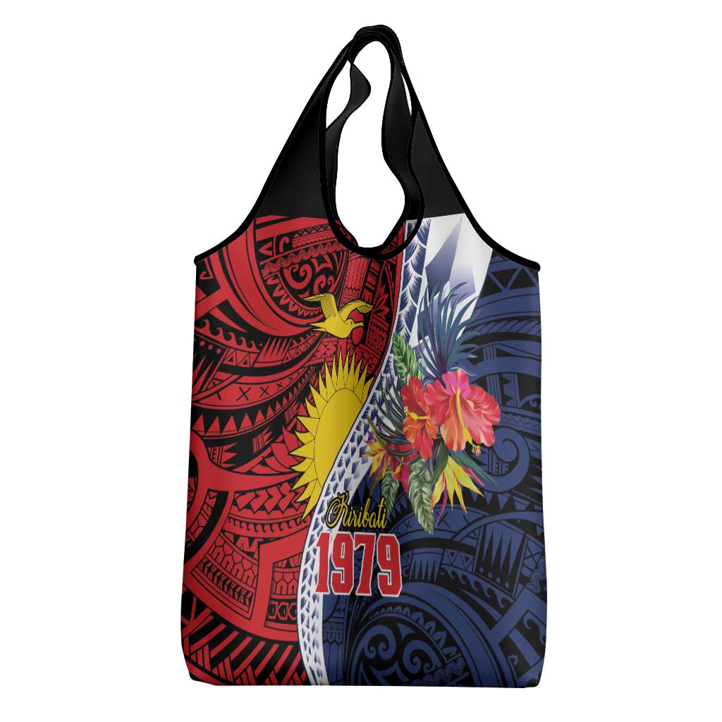 Flag of Kiribati Polynesian Pattern Grocery Bag Est 1979 With Tropical Flowers