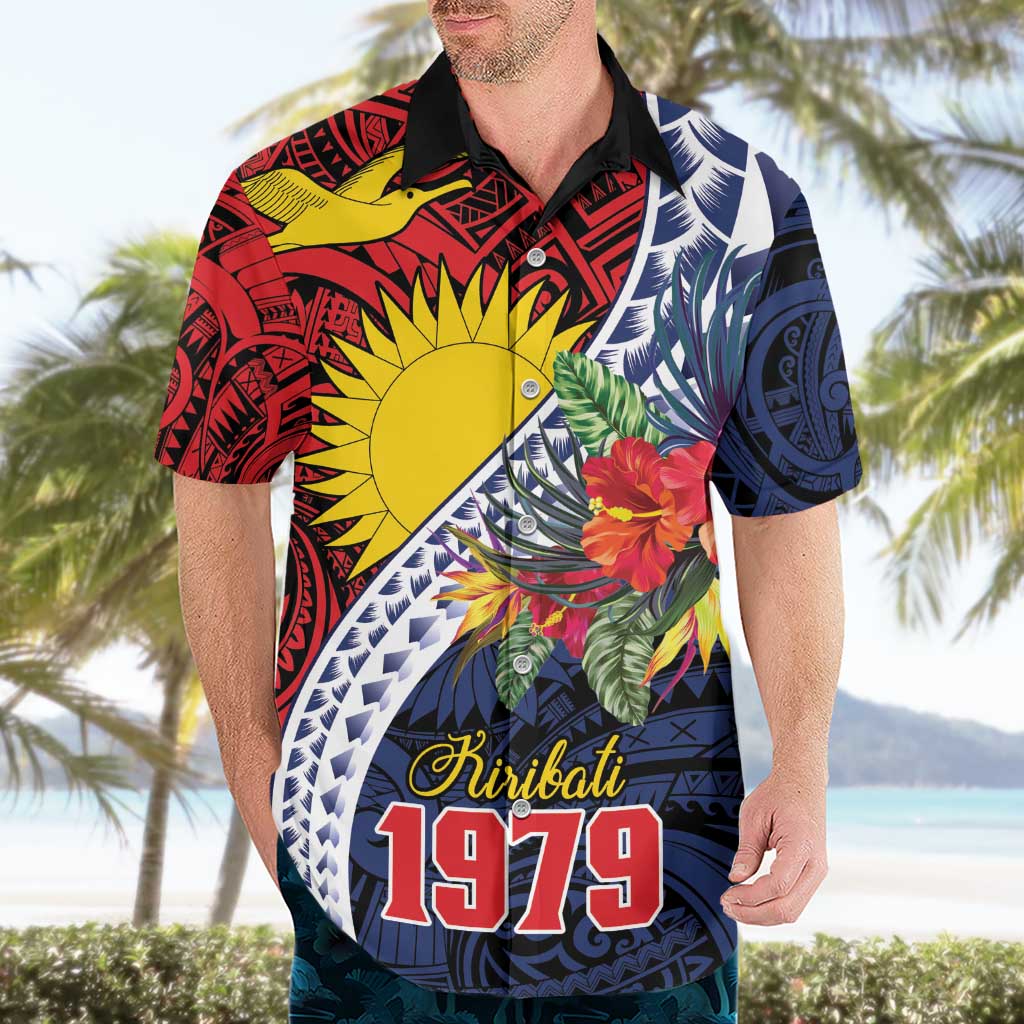 Flag of Kiribati Polynesian Pattern Hawaiian Shirt Est 1979 With Tropical Flowers