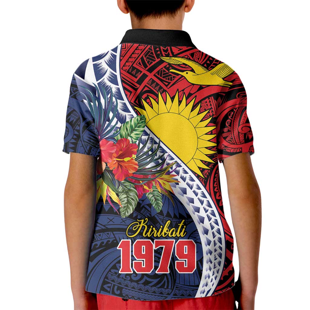 Flag of Kiribati Polynesian Pattern Kid Polo Shirt Est 1979 With Tropical Flowers