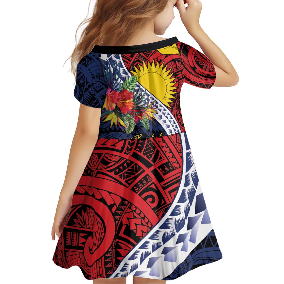 Flag of Kiribati Polynesian Pattern Kid Short Sleeve Dress Est 1979 With Tropical Flowers