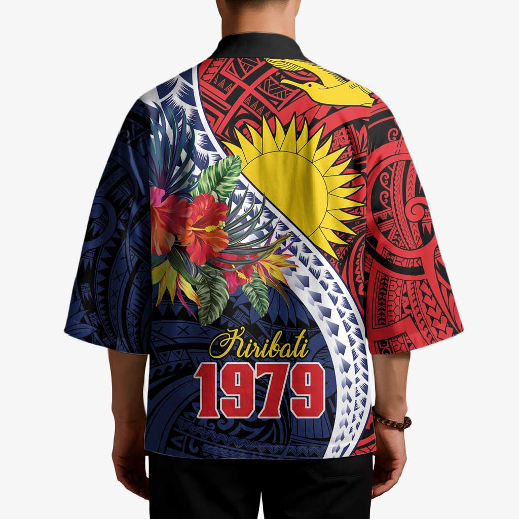 Flag of Kiribati Polynesian Pattern Kimono Est 1979 With Tropical Flowers - Polynesian Pride