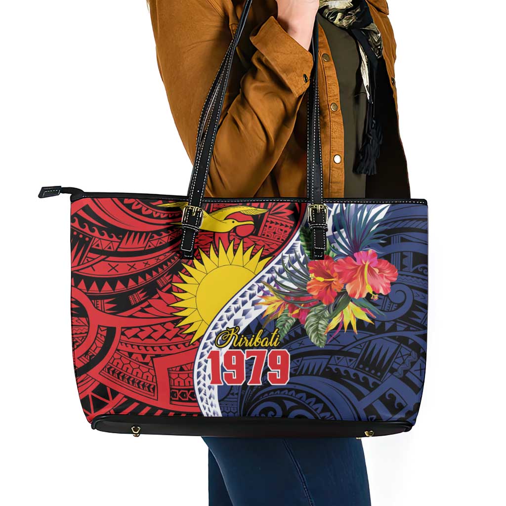 Flag of Kiribati Polynesian Pattern Leather Tote Bag Est 1979 With Tropical Flowers