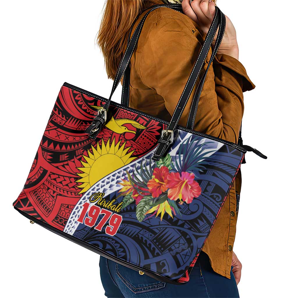 Flag of Kiribati Polynesian Pattern Leather Tote Bag Est 1979 With Tropical Flowers