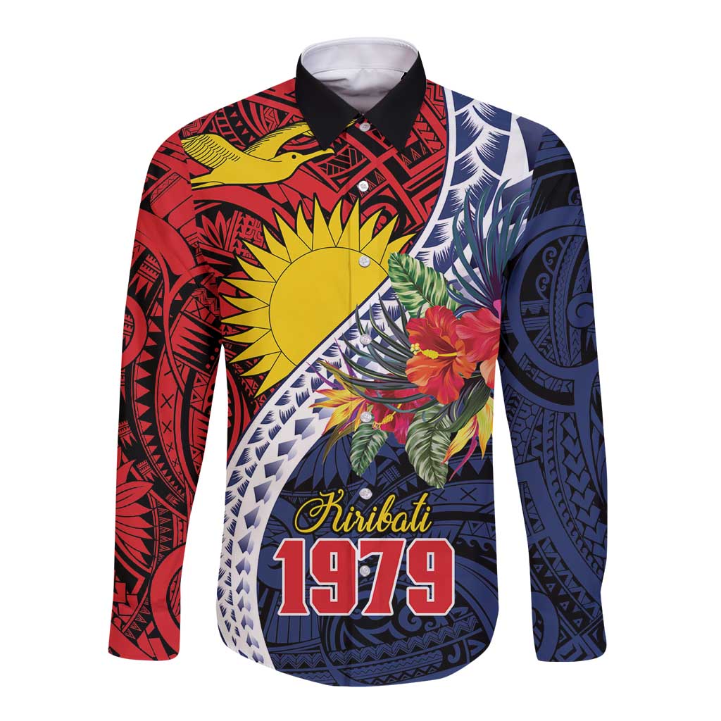 Flag of Kiribati Polynesian Pattern Long Sleeve Button Shirt Est 1979 With Tropical Flowers