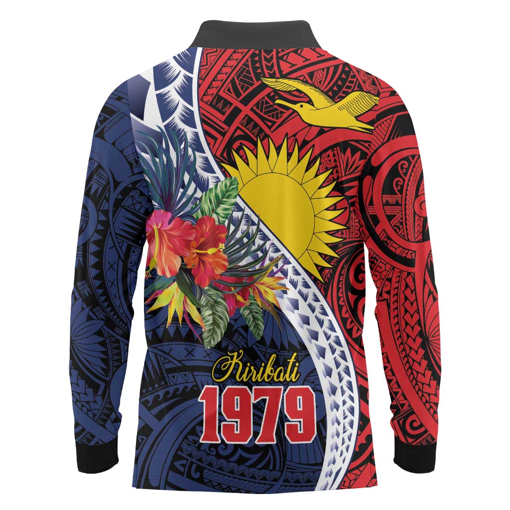 Flag of Kiribati Polynesian Pattern Long Sleeve Polo Shirt Est 1979 With Tropical Flowers