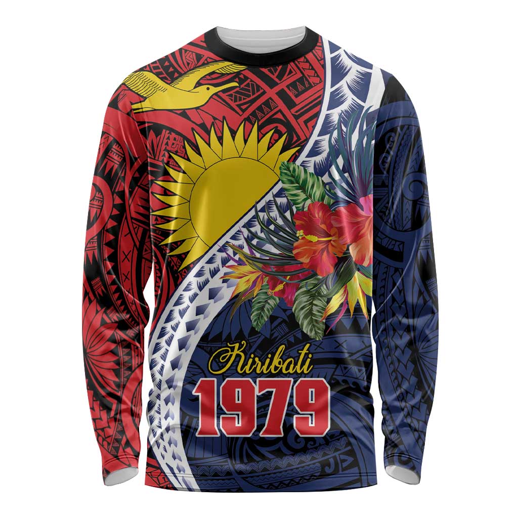 Flag of Kiribati Polynesian Pattern Long Sleeve Shirt Est 1979 With Tropical Flowers
