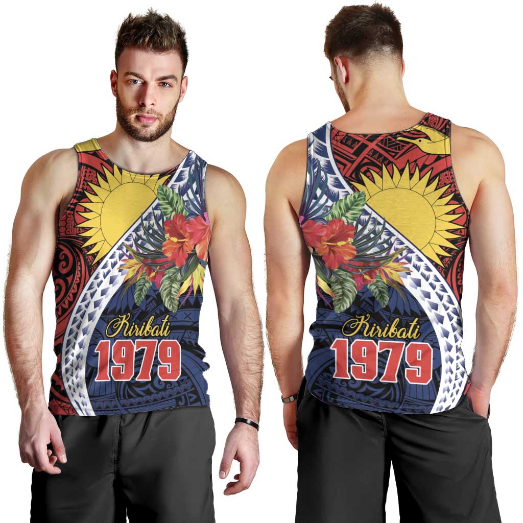 Flag of Kiribati Polynesian Pattern Men Tank Top Est 1979 With Tropical Flowers
