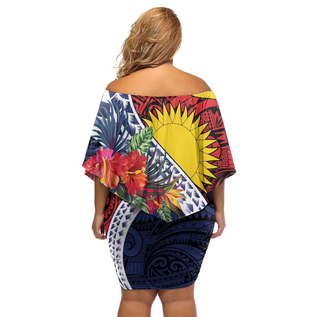 Flag of Kiribati Polynesian Pattern Off Shoulder Short Dress Est 1979 With Tropical Flowers