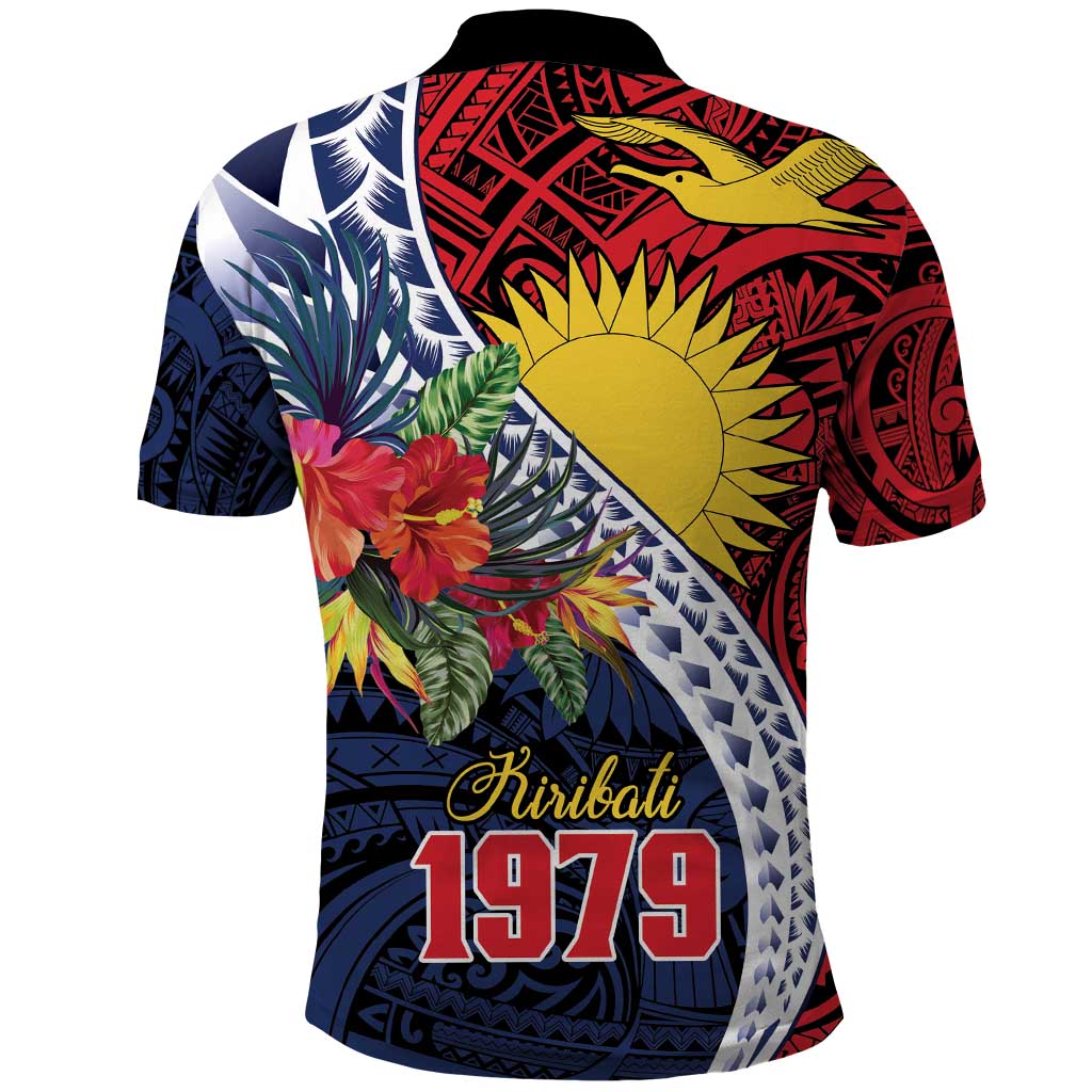 Flag of Kiribati Polynesian Pattern Polo Shirt Est 1979 With Tropical Flowers