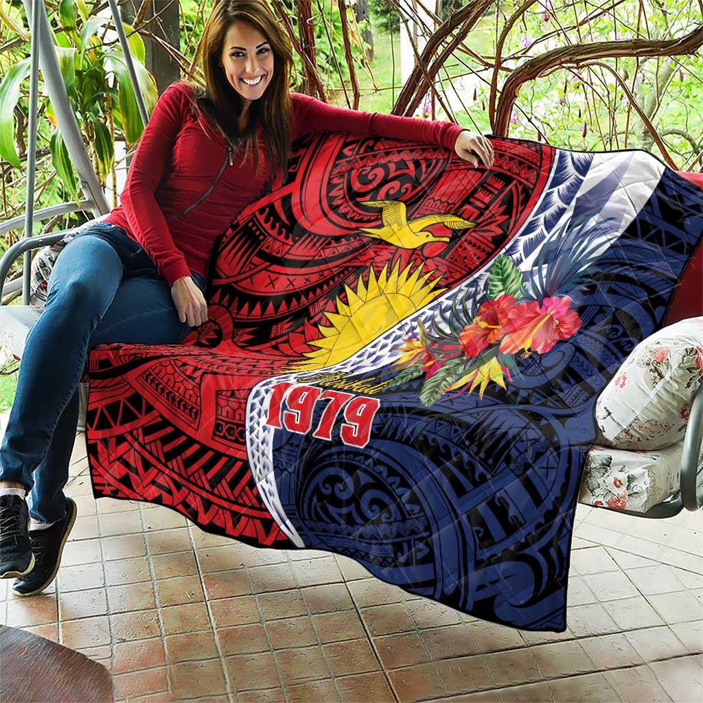 Flag of Kiribati Polynesian Pattern Quilt Est 1979 With Tropical Flowers